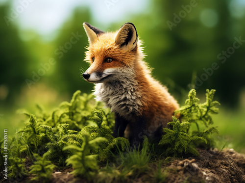 Small red fox  fur vibrant against green artificial grass  eyes a tree