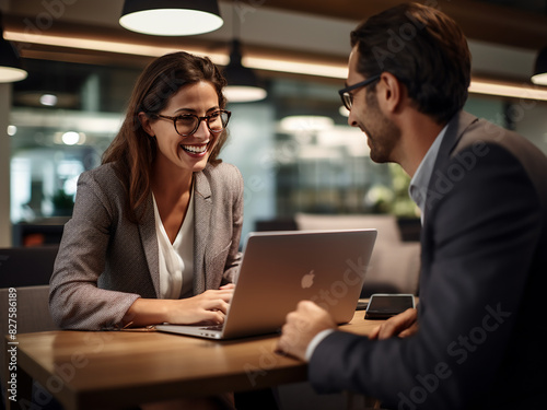 Businesswoman smiles, collaborating with male colleague