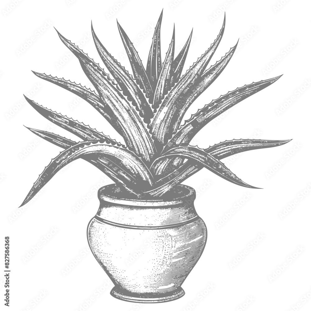 Aloe vera tree in the vase with engraving style black color only Aloe vera tree in the vase with engraving style black color only