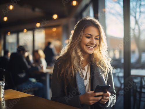 Woman enjoys city cafe ambiance while chatting © Llama-World-studio