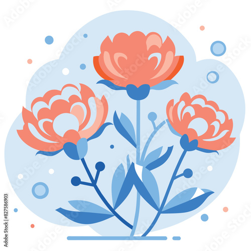 Three Orange Flowers with Blue Stems and Leaves on a Light Blue Background