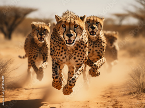 Cheetah pack dashes across the arid savannah