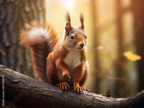 Blurred natural backdrop highlights squirrel on tree branch