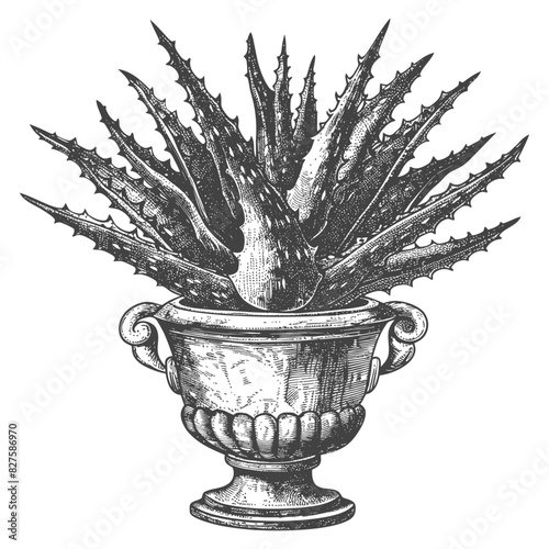 Aloe vera tree in the vase with old engraving style black color only