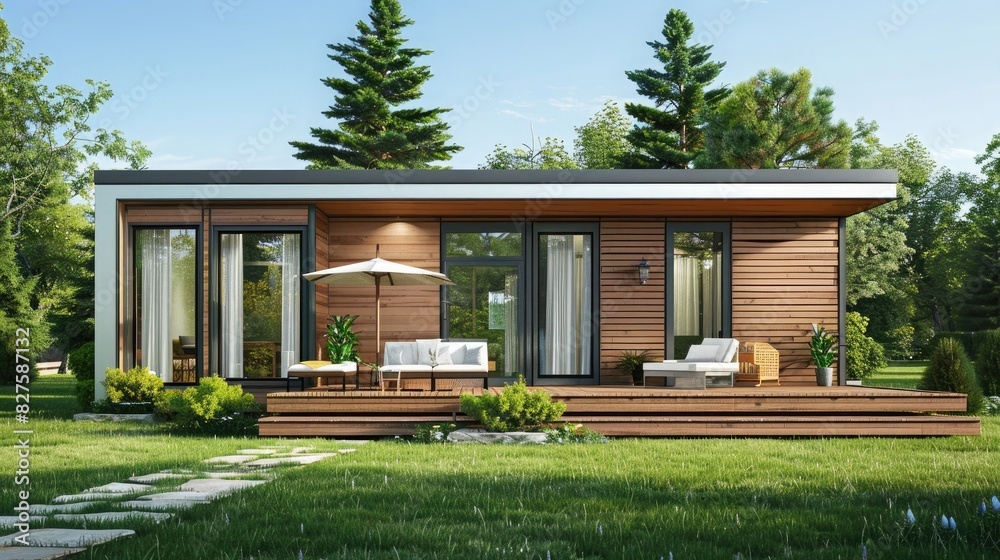 A small modern modular home with wood paneling and white accents, flat roof, sliding glass doors on the front of one side, deck,