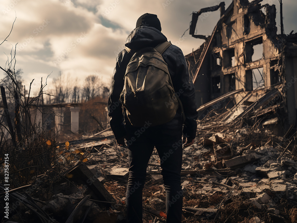 Naklejka premium Adventurous traveler explores ruins of an abandoned house