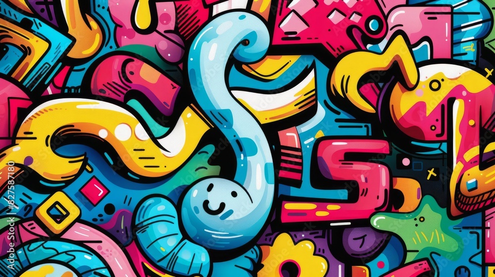 vibrant graffiti art mural with bold colors and dynamic shapes for urban streetwear brand vector illustration