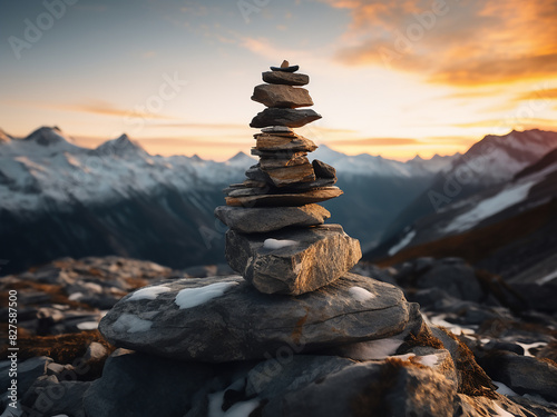 Behold a serene scene of a stone cairn nestled in the Swiss Alps at sunset