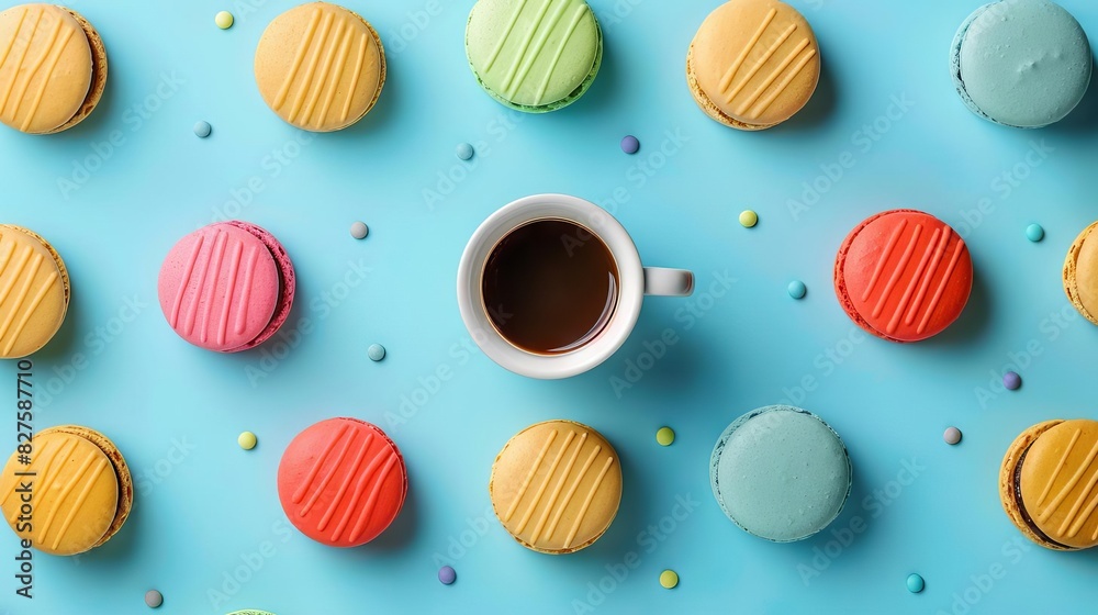 vibrant macaron and coffee cup pattern on pastel blue background flat lay food photography vibrant macaron and coffee cup pattern on pastel blue background flat lay food photography