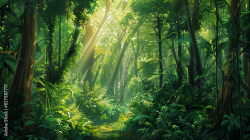 Verdant Rainforest; the lush, dense foliage of a tropical rainforest