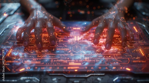 Hands typing on a futuristic transparent keyboard with holographic screen