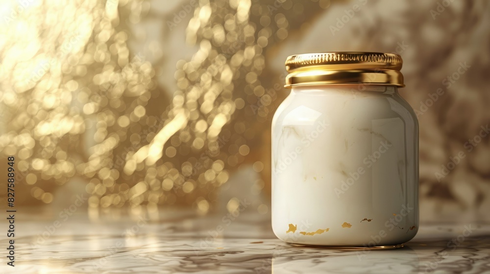 A jar of creamy white yogurt sits on a marble table with a golden backdrop, evoking a luxurious and healthy lifestyle imagery. A jar of creamy white yogurt sits on a marble table with a golden backdrop, evoking a luxurious and healthy lifestyle imagery.