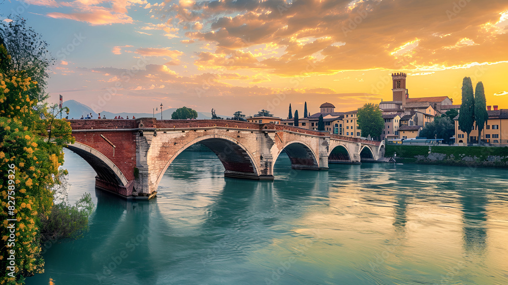 Fototapeta premium Bridge Ponte Pietra in Verona on Adige river, generative AI