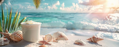 A serene beach scene with seashells and a jar of cream on white sand overlooking a turquoise ocean under a bright, sunny sky.