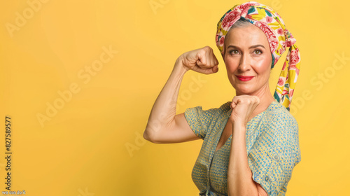 Confident retro woman posing with a we can do it! gesture against a vibrant yellow background