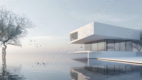 A contemporary white structure harmonizing with its surroundings in perfect balance