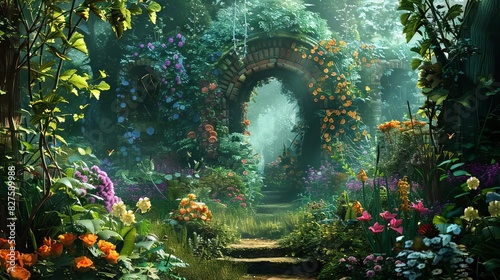 whispering wonders a beautiful secret fairytale garden with enchanting flowers and magical creatures digital illustration photo