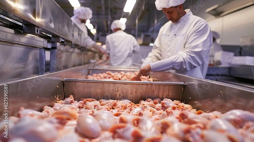workers meticulously packaging frozen chicken for international distribution food processing photography