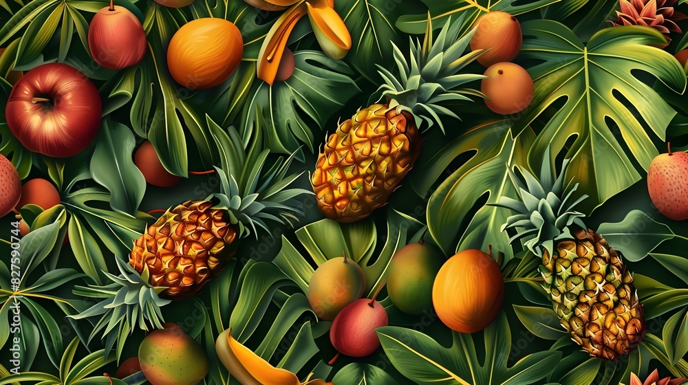 Fototapeta premium A Vibrant Tropical Abundance of Exotic Fruits Spilling Across the Frame in a Cinematic Hyper Detailed Mid Century Style
