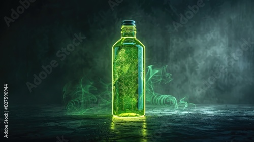 Glowing green potion bottle in a mystical, dark environment with eerie green mist. Ideal for fantasy, magic, or alchemy themes.