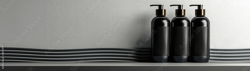 Minimalist arrangement of three black pump bottles on a grey shelf with wavy lines. Perfect for skincare or haircare product showcasing. Minimalist arrangement of three black pump bottles on a grey shelf with wavy lines. Perfect for skincare or haircare product showcasing.