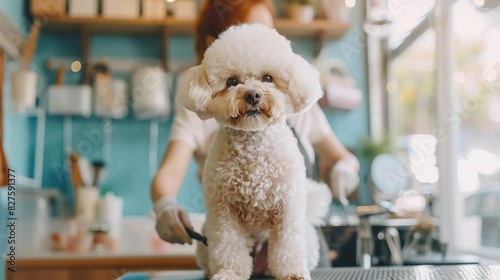 Fluffy Bichon Frise being groomed in a dog grooming salon, featuring a skilled groomer and a bright, welcoming environment