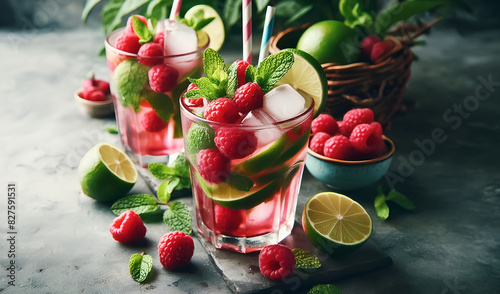 Glass of ice refreshing lemonade and raspberry on a wooden table. lime.