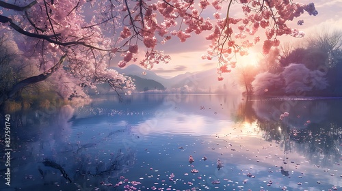 A serene lake surrounded by blossoming trees.