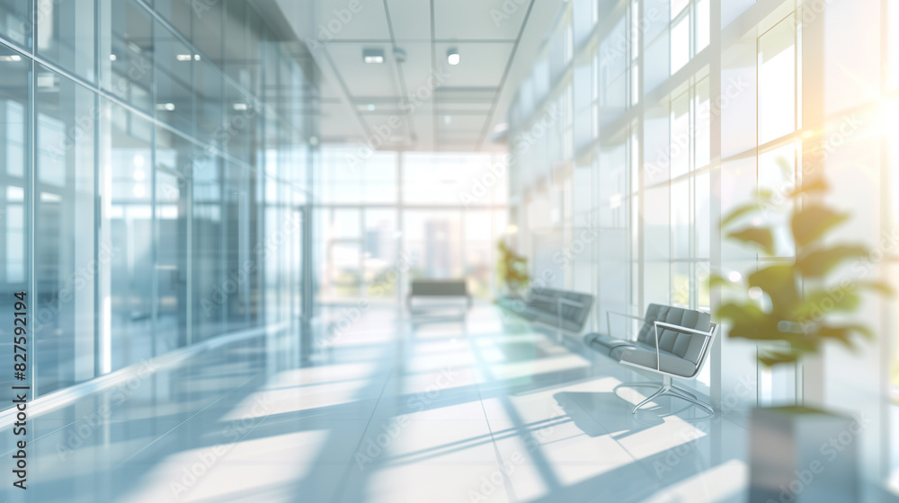Fototapeta premium Beautiful blurred modern office interior with panoramic windows and bright lighting.