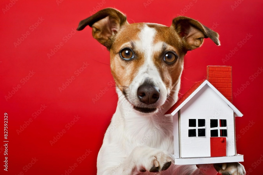 Dog holding house on red background. Dog holding house on red background.