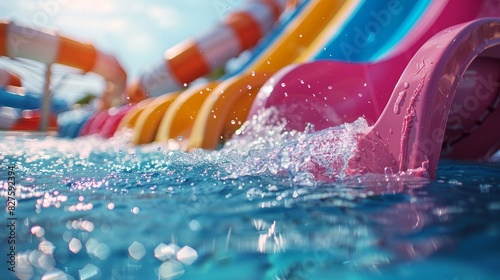 Colorful waterslides in a waterpark with bright blue water.