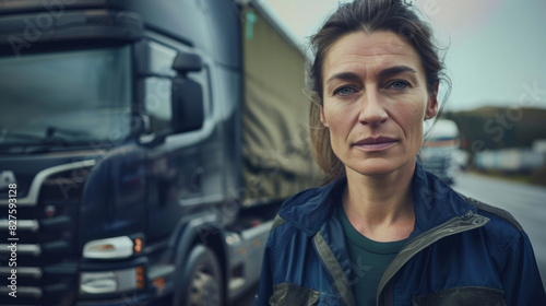 Portrait of a determined woman truck driver with her heavy vehicle in the background © Michael