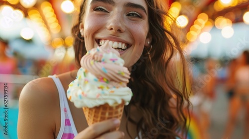 A woman enjoying a delicious ice cream cone at a carnival  capturing a happy summer moment with a snap