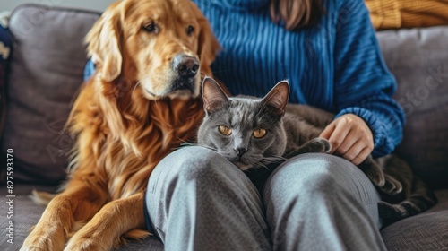 A woman is sitting on a couch with a cat and a golden retriever dog. The dog has its head in the woman's lap and the cat is sitting on the woman's other leg. The woman is wearing a blue sweater