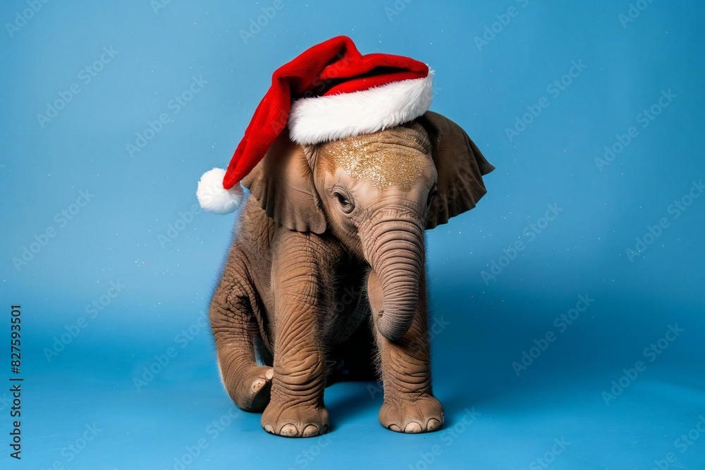 Elephant in Christmas Hat on Blue Background Elephant in Christmas Hat on Blue Background
