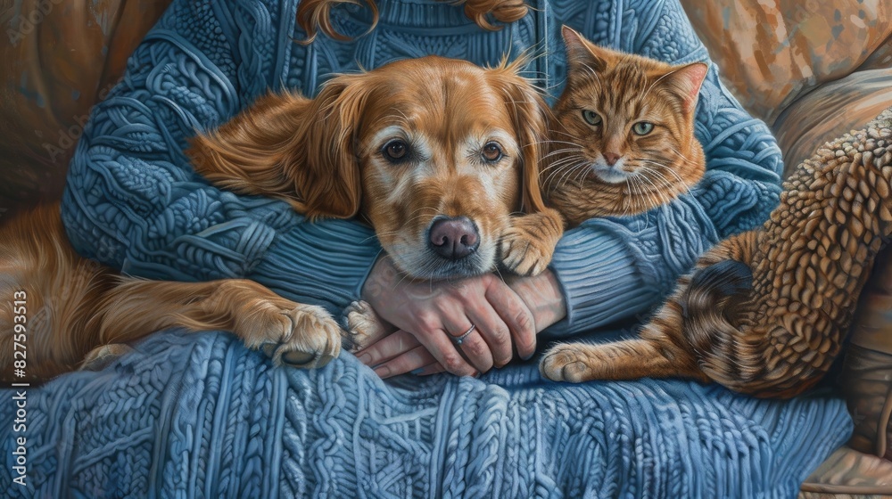 A woman is sitting on a couch with a cat and a golden retriever dog. The dog has its head in the woman's lap and the cat is sitting on the woman's other leg. The woman is wearing a blue sweater