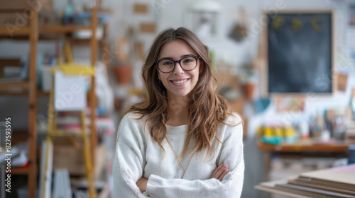 Portrait of a cheerful young woman wearing glasses in her artistic studio