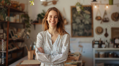 Smiling female craftsperson stands confidently in her art-filled workspace
