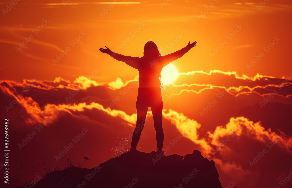 Silhouette of a person standing with arms outstretched at sunrise atop a mountain