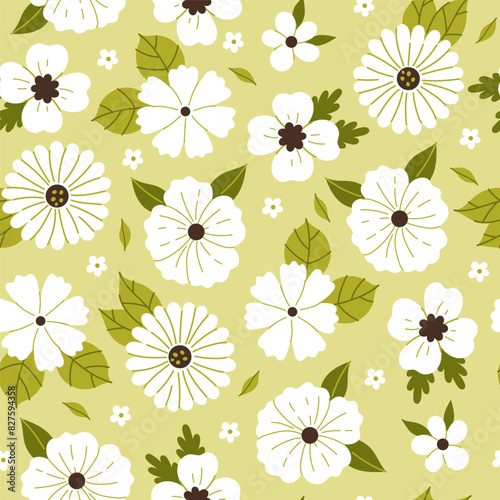 Seamless pattern with white flowers of different shapes on a green background. Vector graphics.