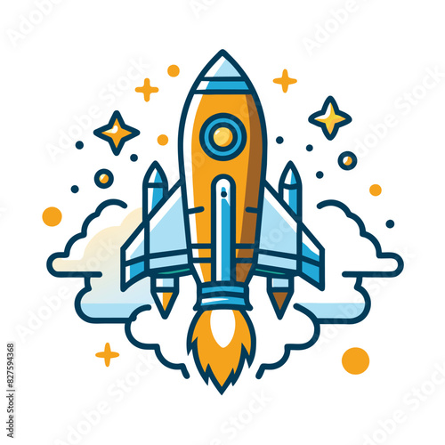 Cartoon Rocket Launching Through Clouds and Stars