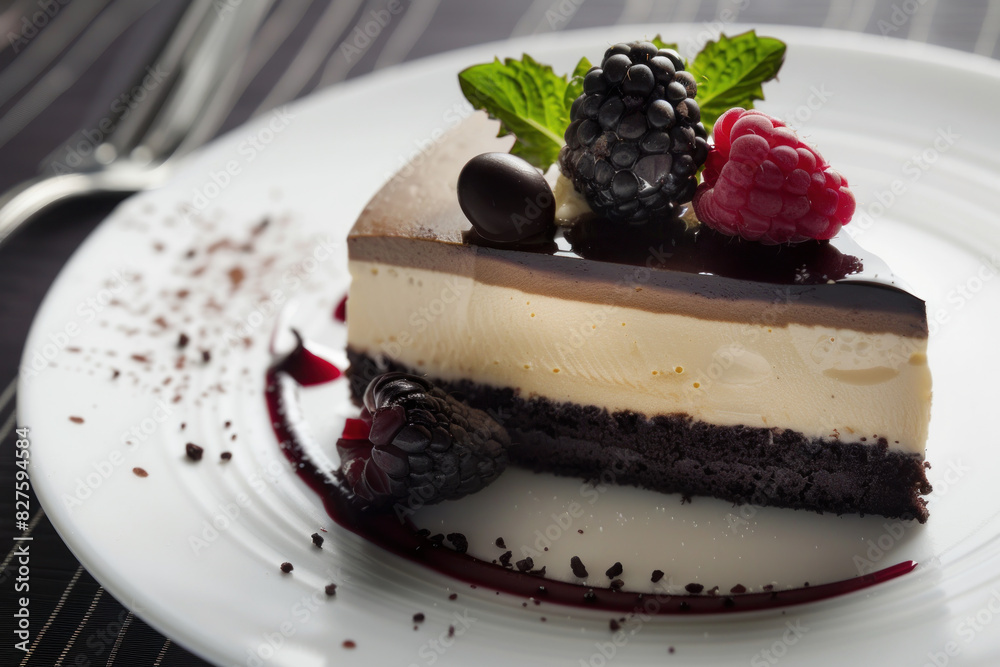 Slice of Chocolate and Berry Mousse Cake on White Plate Slice of Chocolate and Berry Mousse Cake on White Plate