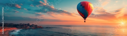 Hot air balloon flies over the beach at sunrise