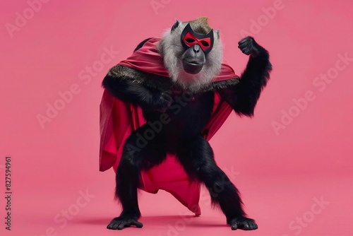 Monkey with cloak and mask standing in leader pose. superhero concept on pink background.