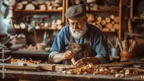 An experienced artisan carefully shapes wooden elements, demonstrating the art of fine woodworking in his cluttered workshop photo