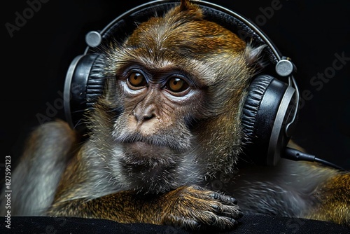 Monkey enjoying musing wearing headphones on black background.