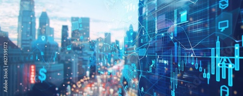 Wallpaper Mural Futuristic cityscape with digital financial data overlays, representing modern urban technology, finance, and growth trends. Torontodigital.ca