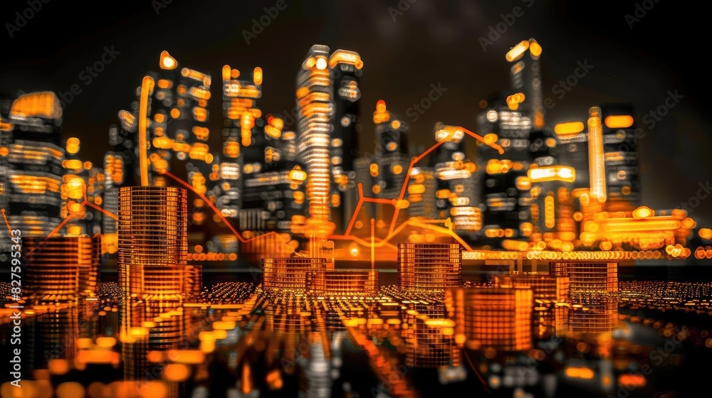 Naklejka premium Futuristic cityscape with illuminated skyscrapers and tech-inspired design, showcasing an advanced urban environment at night.