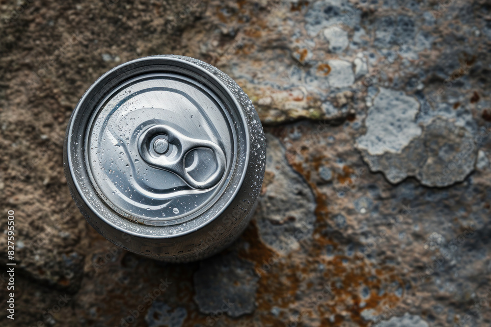 Obraz premium Top View of a Chilled Aluminum Soda Can on a Rough Surface
