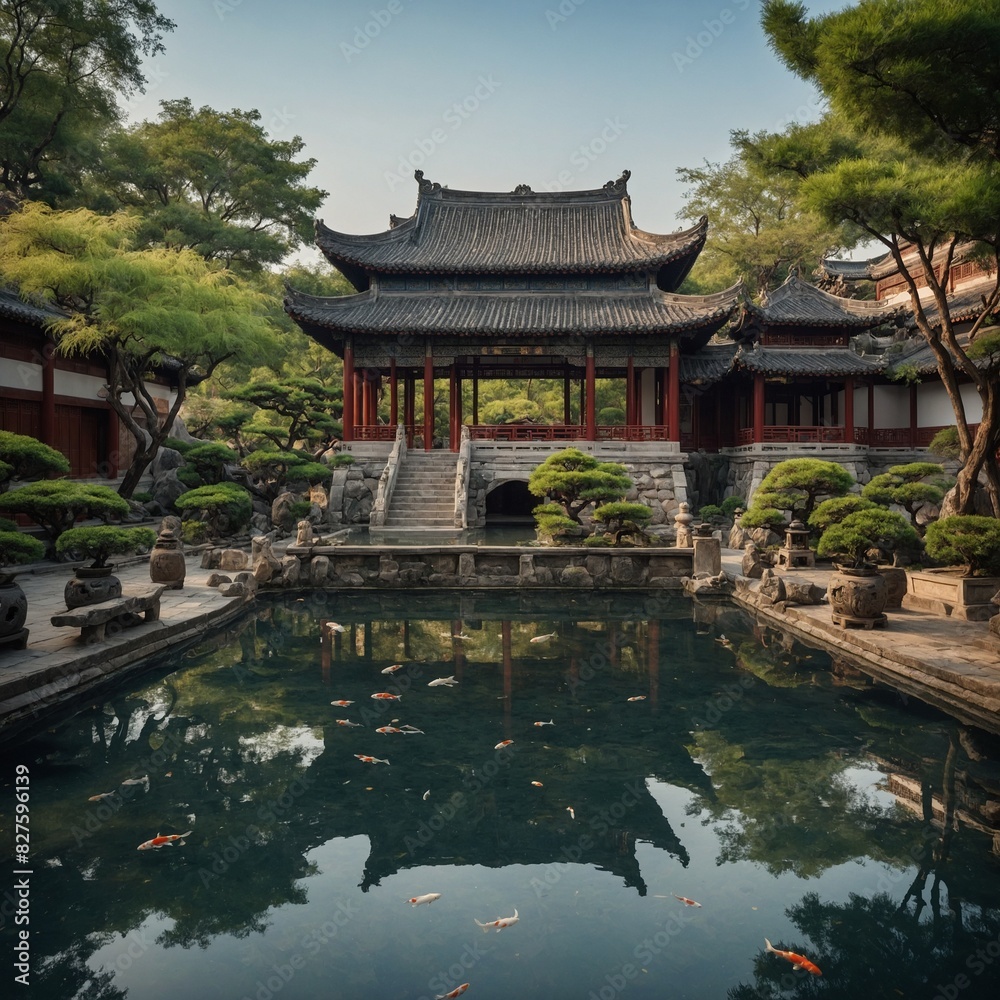 A traditional Chinese courtyard house surrounded by a tranquil garden oasis, with ornate pavilions and koi ponds.
A traditional Chinese courtyard house surrounded by a tranquil garden oasis, with ornate pavilions and koi ponds.
